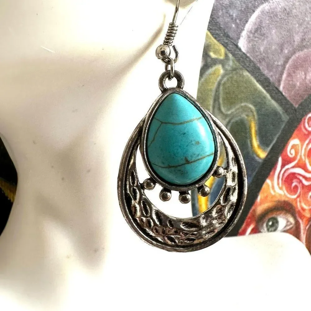 Silver and blue drop earrings silver tone